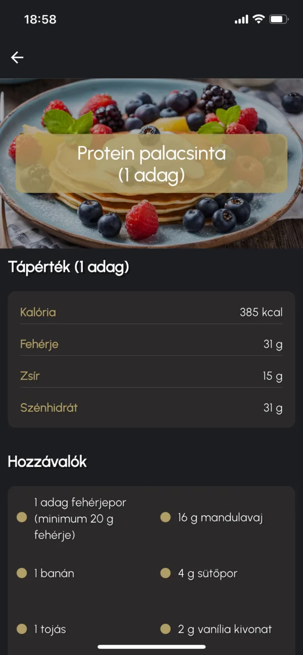 A YourLift receptoldala: Protein palacsinta, tápérték adagonként (385 kcal, 31 g fehérje, 15 g zsír, 31 g szénhidrát) és a hozzávalók listája.