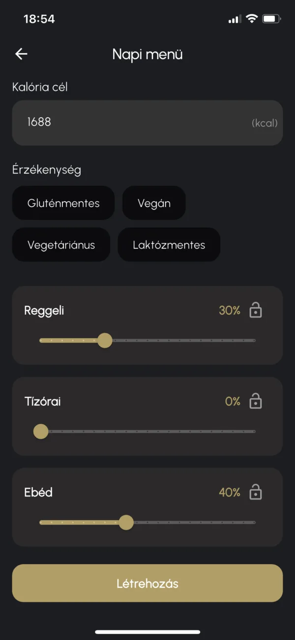 A YourLift Napi menü képernyője: kalóriacél, érzékenységek (gluténmentes, vegán, vegetáriánus, laktózmentes), étkezésenkénti arányok csúszkával és Létrehozás gomb.