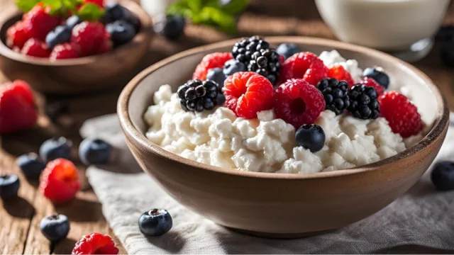 Cottage cheese málnával, szederrel és áfonyával egy tálban.