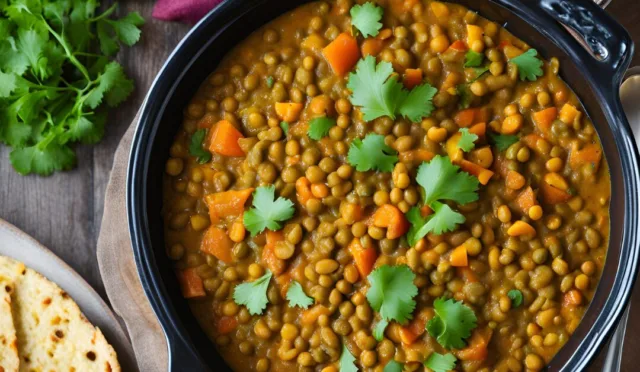 Lencsés zöldséges curry egy lábasban, friss korianderrel.